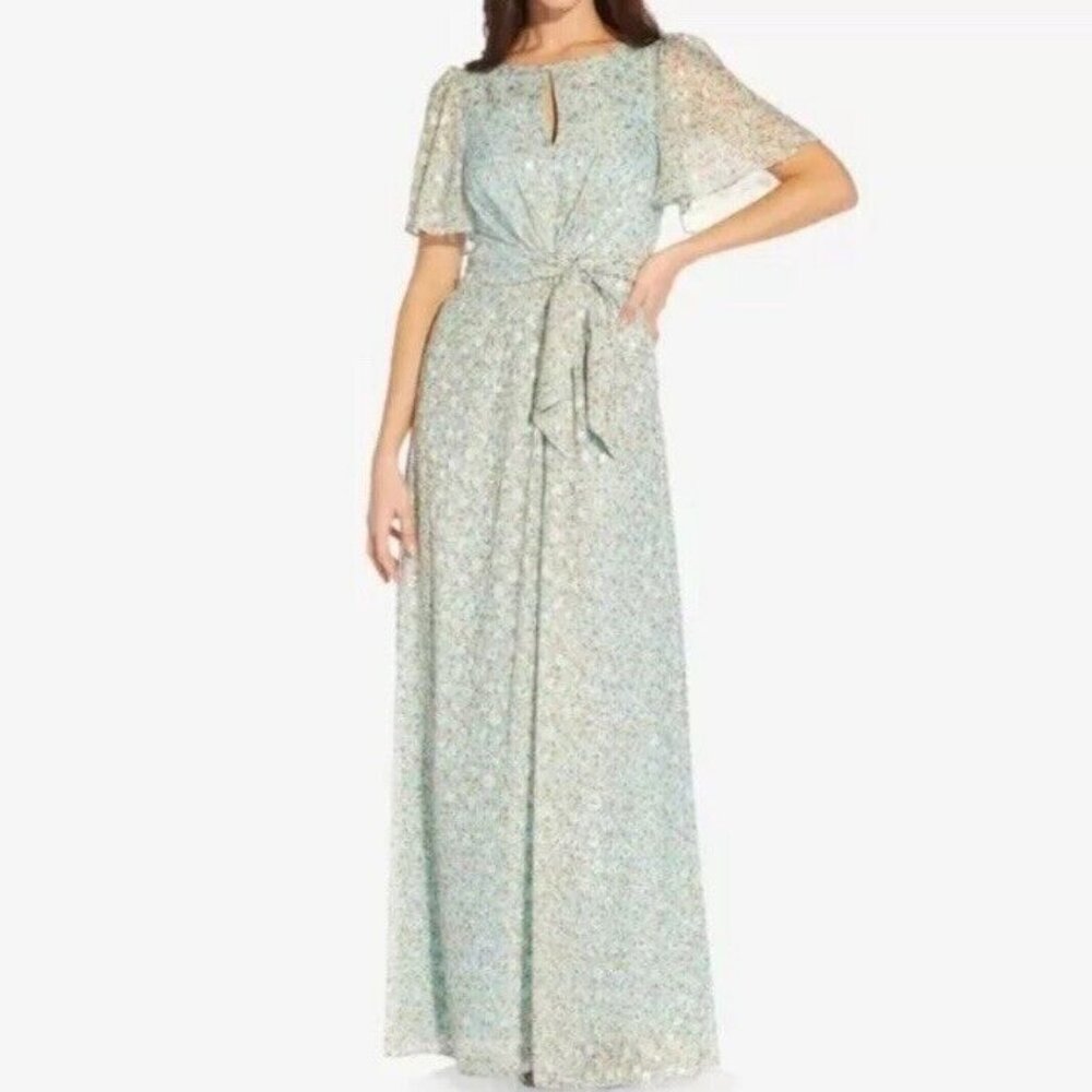 NWT Adrianna Papell Maxi Dress Women 10 Blue Chiffon Floral Metallic NEW